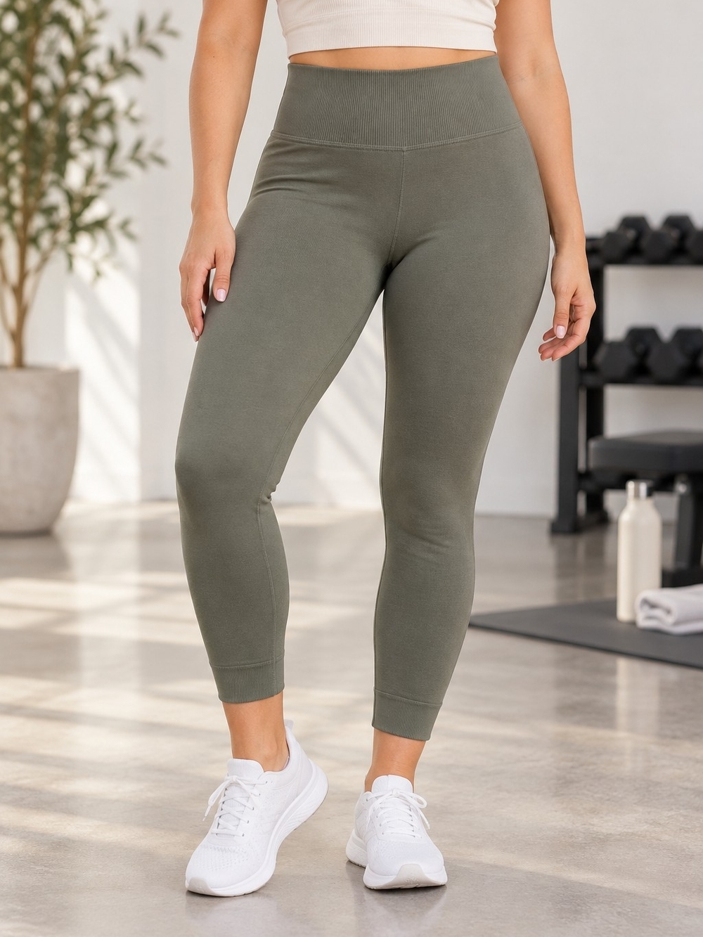 Olive Green Cropped Leggings L High Rise Yoga Athleisure Gorpcore Activewear Spo